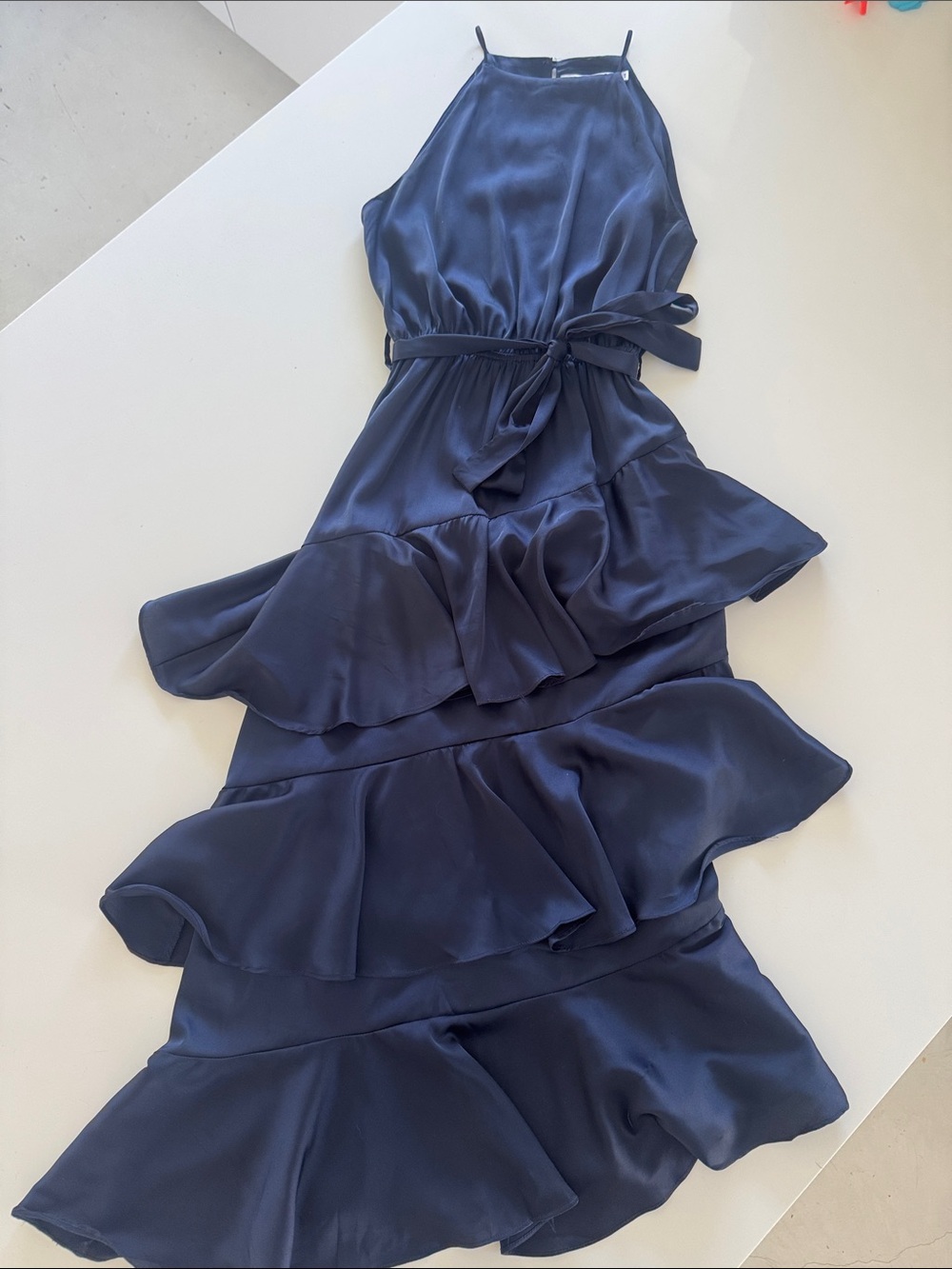 Petal + Pup Navy Halter Ruffle Midi Dress with Waist Tie